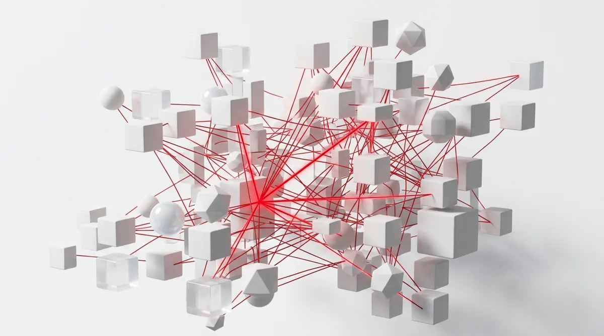 White geometric blocks connected by glowing red lines, like modular software linked by a neural network