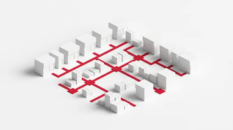 Abstract isometric white storefront blocks with red pathways