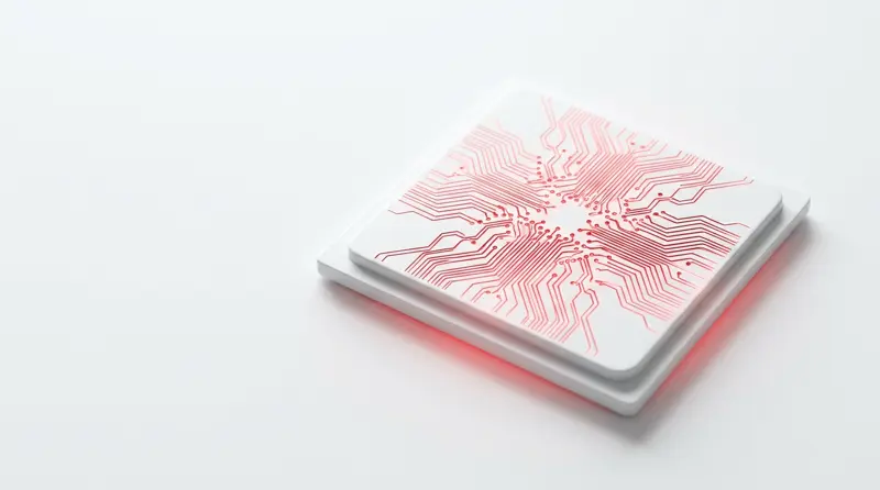 Abstract white chip with glowing red circuit traces