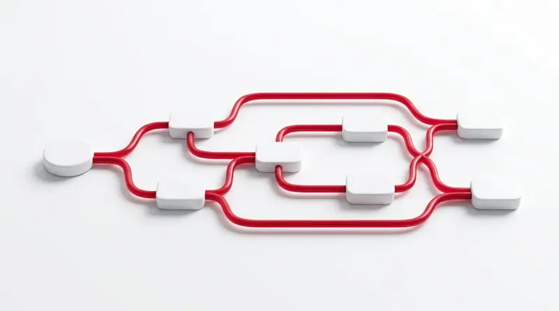 Abstract white workflow nodes connected by red tubes